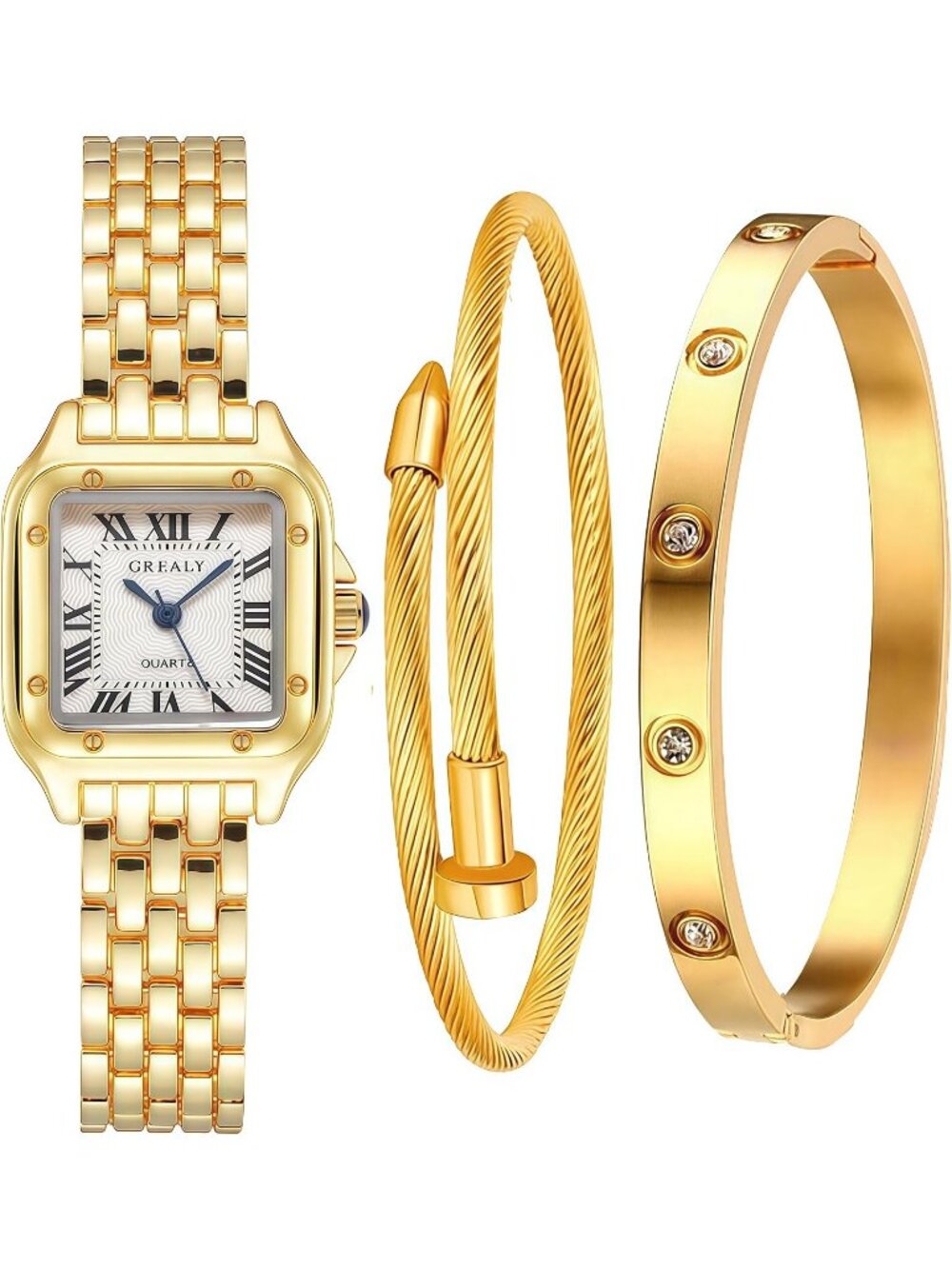 Women's Gold 2 Bracelets Set Roman Dial Bangle Stainless Steel Ladies Wristwatch